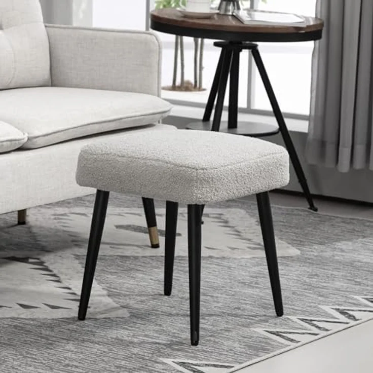 HOMCOM Fußhocker Schminkhocker Fußstütze mit Kaschmir-Optik (Hocker, 1 St, Sitzhocker), für Schlafzimmer, Stahlbeine, Hellgrau – Bild 3