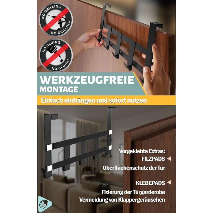 Aurelia Home Türgarderobe zum Einhängen, 5 Haken, Edelstahl, Schwarz – bis 30 kg – Bild 6
