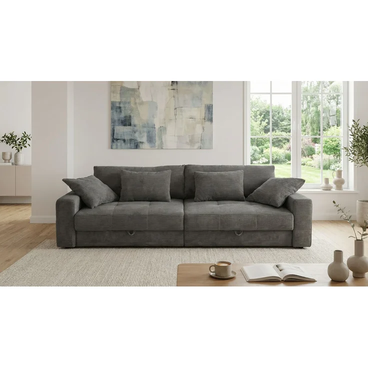 Big-Sofa 284 cm breit Wellenunterfederung Lounge-Couch Stauraum Cord Dunkelgrau – Bild 2
