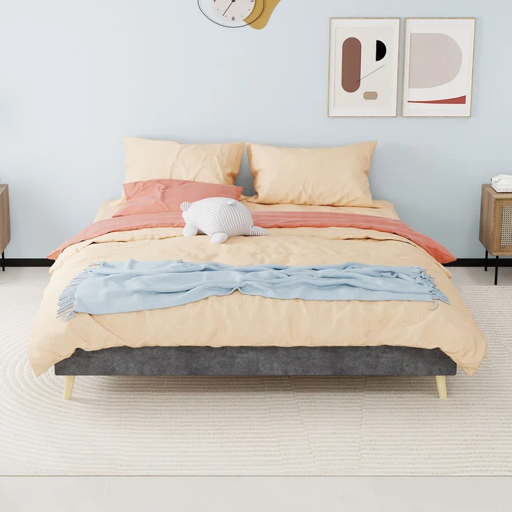 Novelux Bettgestell 160x200 Samt Grau – Modernes Plattformbett ohne Kopfteil, Holzrahmen, Minimalistisches Design – Bild 9