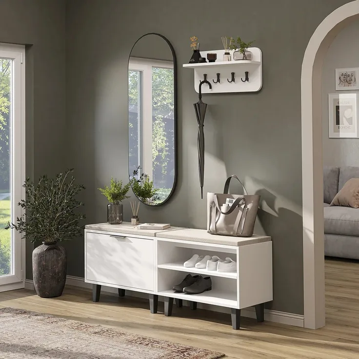 Roomart NORD Garderobenset 4-teilig – Sitzbank offen & mit Schuhklappe, Wandgarderobe & ovaler Spiegel – Flurgarderobe – H 53 x B 73.6 x T 35 cm (Sitzbank) • Weiß