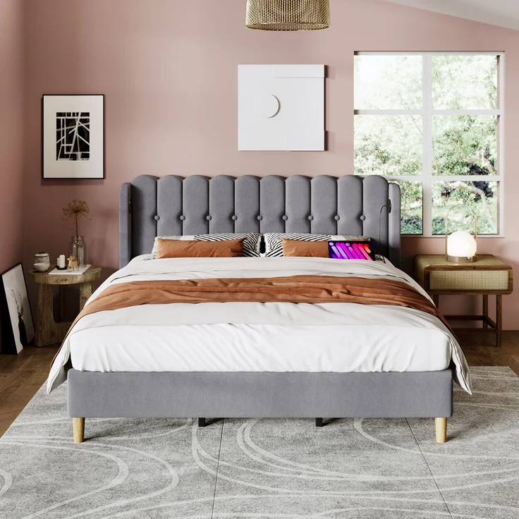 Einzelbett 160x200 cm Grau Leinen mit USB & Type-C Ladeanschluss,gepolstertes Kopfteil,Design-Paneel,stabiler Rahmen,inklusive Matratze – Bild 4
