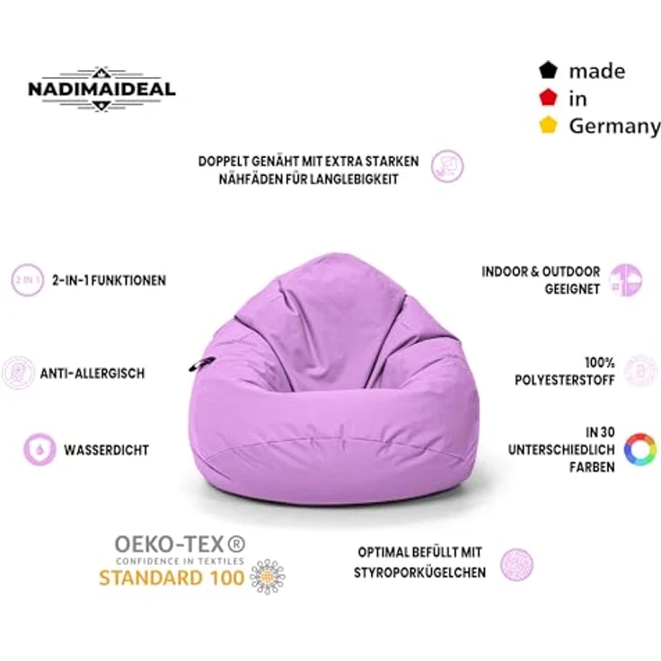 Nadimaideal Sitzsack Tropfenform Kastanie | Bodenkissen für Kinder & Erwachsene | Indoor & Outdoor | Gaming Sitzsack - Sitzkissen - Beanbag | Füllung EPS Perlen (Flieder, XXL-Durchmesser 88 cm) – Bild 4