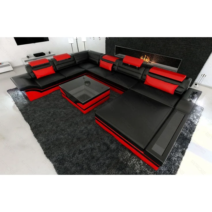 XXL Wohnlandschaft Mezzo - Ledermix - schwarz-rot - Rechts – Bild 6