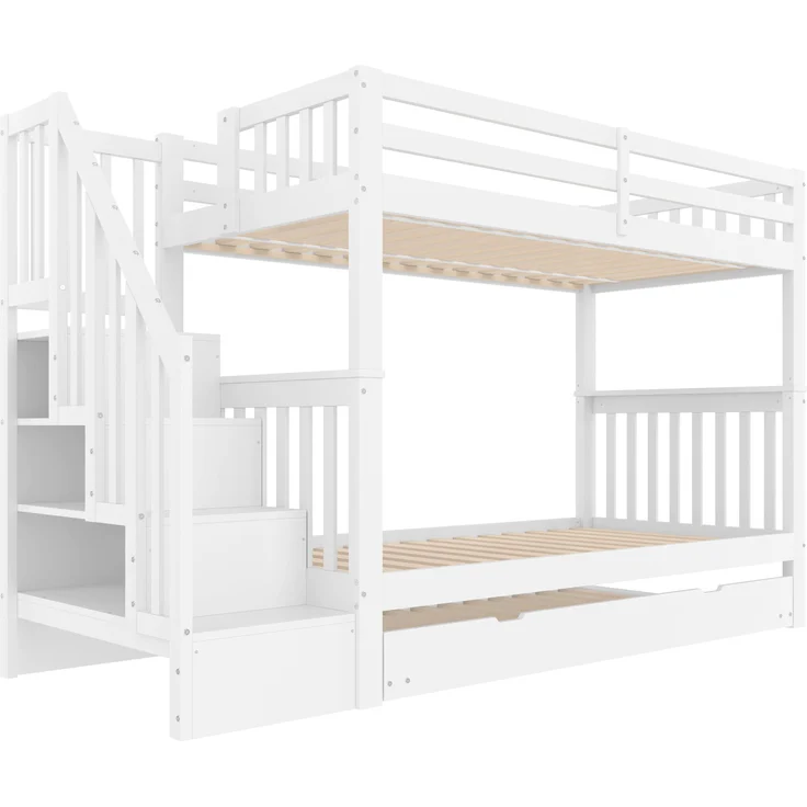 Etagenbett mit ausziehbarem Rollbett & Treppenregal, EN 747-1, weiß, 90x200 cm – Bild 4