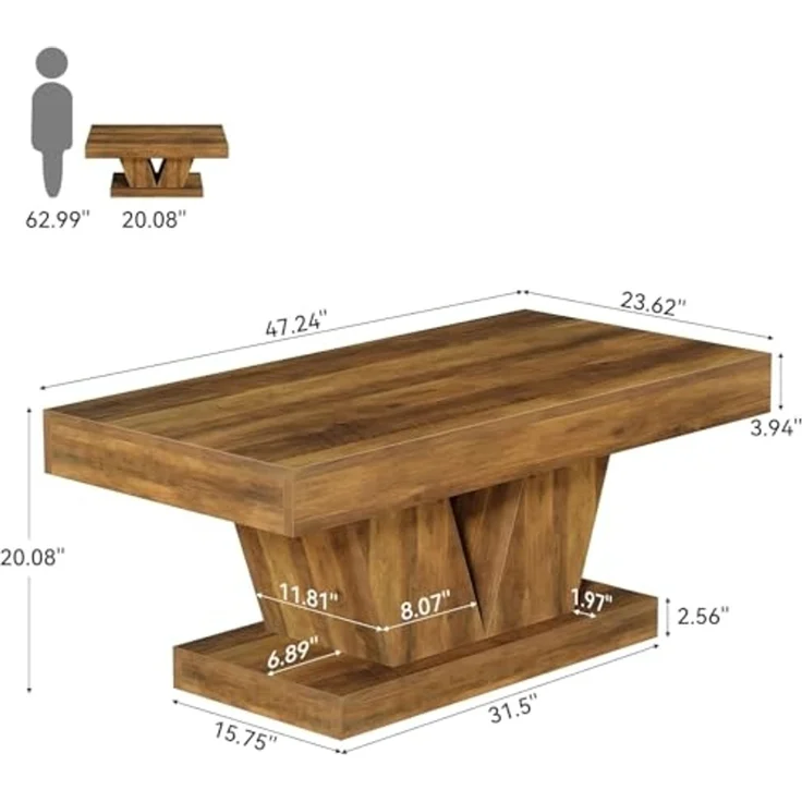 LITTLE TREE Rechteckiger Couchtisch, Rustikales Braun, 120 x 60 x 51 cm, Mid-Century Holz mit Skulpturalem Fuß, Landhausstil Wohnzimmermöbel – Bild 2
