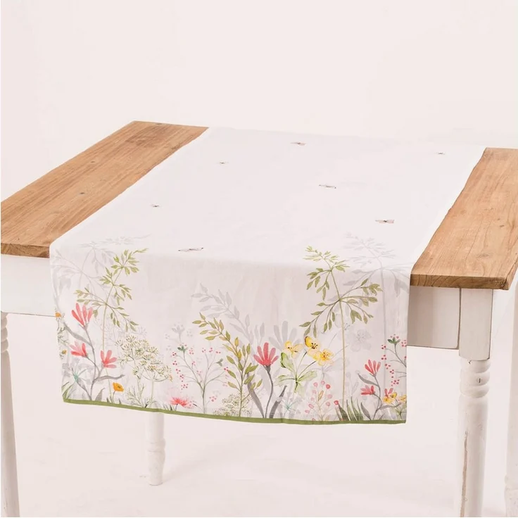 SCHÖNER LEBEN. Tischläufer Tischläufer Blumenwiese Baumwolle weiß grün bunt 50x140cm – Bild 1