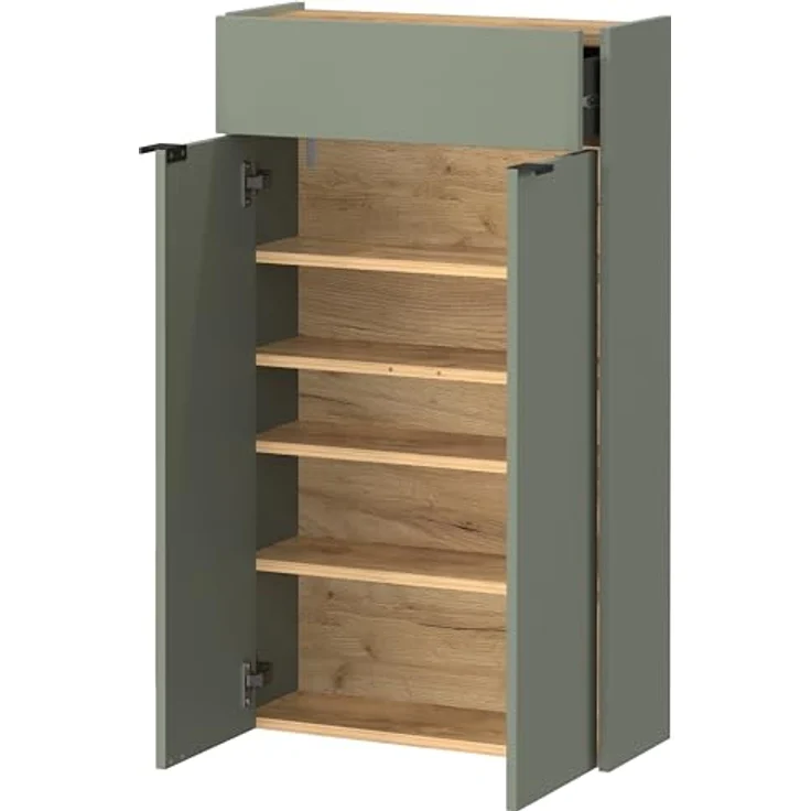 XXXL Garderobe GW-Ameca, 2-teilig in Taupegrün mit Schuhschrank und runden Spiegel, Eiche, Glas, 56x200x22 cm – Bild 5
