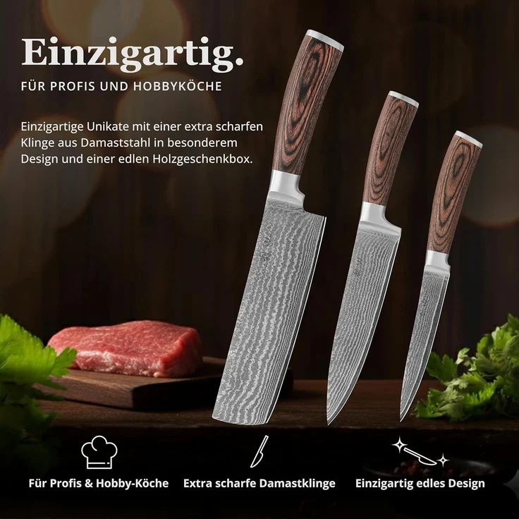 Wakoli Messer-Set 3er Damastmesser Set, Kochmesser Küchenmesser I 12,5 bis 20cm Klingen (Damastmesser mit Geschenkbox, 1-tlg, 1x Santoku, 1x Nakiri), aus 67 Lagen Damaststahl mit Kupfereinlage, VG-10 Stahlkern – Bild 2