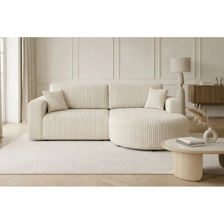 Kaiser Möbel Ecksofa mit Schlaffunktion für Wohnzimmer, Cordstoff Tilia, ROUND ONE, abgerundete Form, Liegefunktion, Stauraum, modernes Design