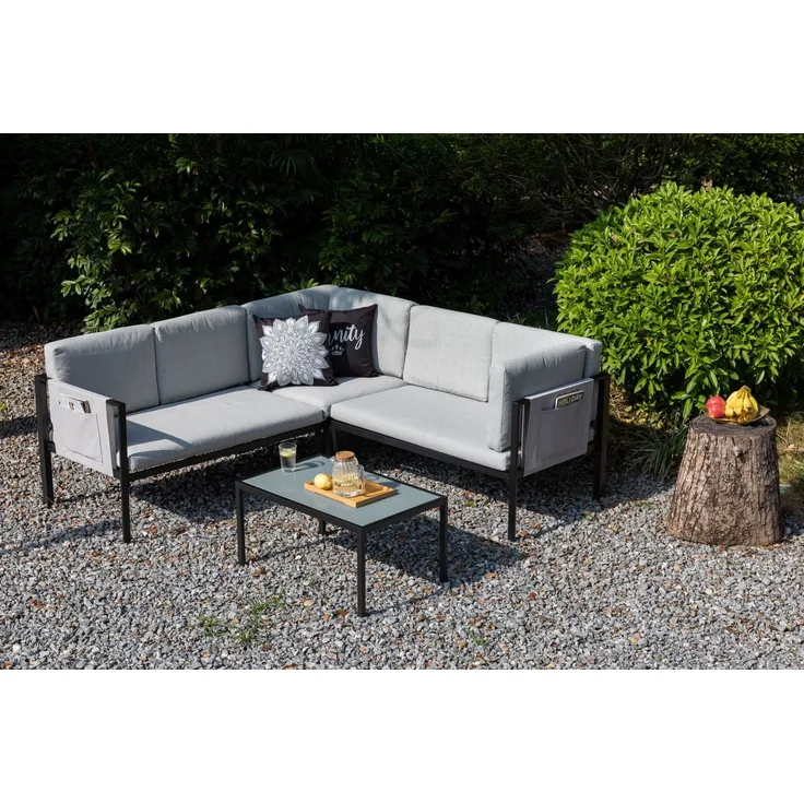 Mandalika Garden Ecklounge "Azora", Sitzgruppe mit Tisch, wetterfest, anthrazit, 66 x 67,5 x 383 cm