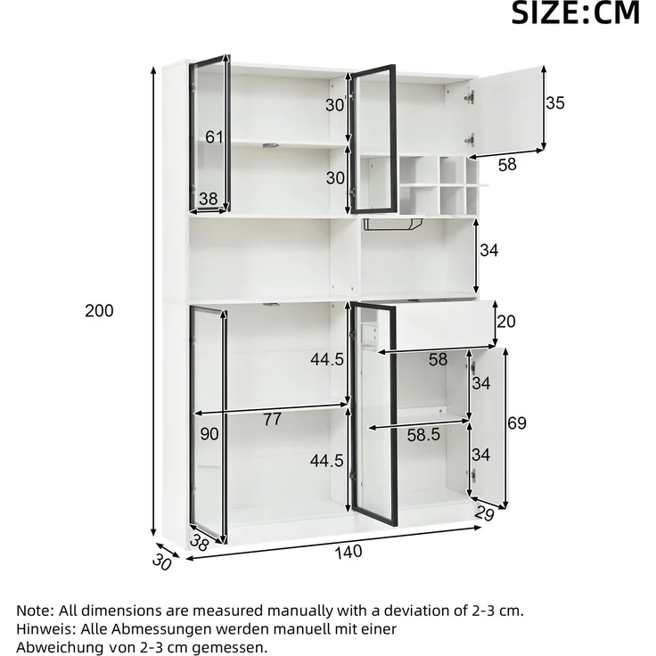 DESVIAE Regal Vitrinenschrank Weiß aus Spanplatte – 140x200x30 cm – LED-Beleuchtung, 7 Türen – Bild 10