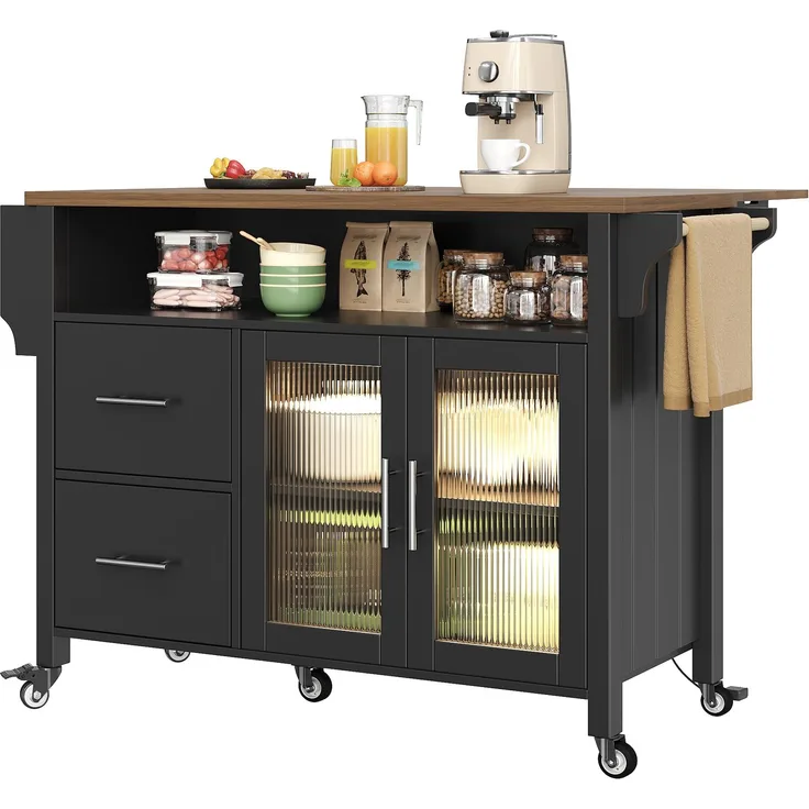 U-life Kücheninsel 139x40x94 cm, Servierwagen mit ausklappbarer Tischplatte, Glasvitrine, LED-Beleuchtung und Rollen, Schwarz