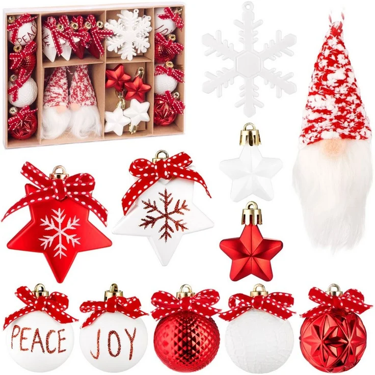BRUBAKER Christbaumschmuck Rot und Weiß - Weihnachtskugel Set mit Wichtel Zwergen, Schneeflocken (24-tlg), Baumkugeln mit roten Schleifen - Baumschmuck – Bild 1