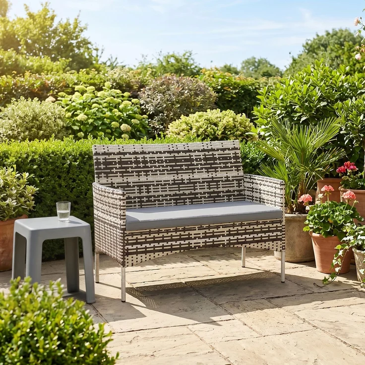 MELAYR, 2-Sitzer Rattan Gartensofa PE-Rattan Outdoor-Terrassen-Sofa mit Polster, 115 x 63 x 85 cm, Hellgrau – Bild 3