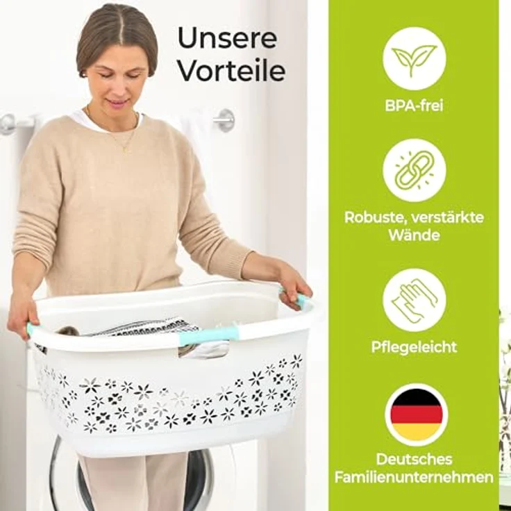 KiNDERWELT Wäschekorb Premium 50 L ergonomischer Form, Soft-Touch-Griffe, an den Körper angepasste Nierenform – Bild 7