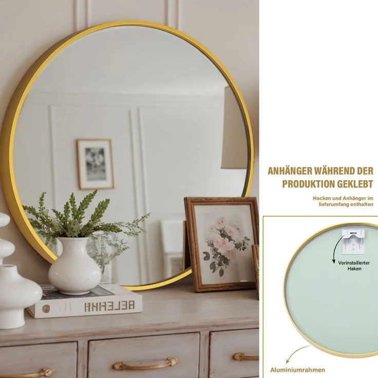 Home Nature Wohnkonzept Wandspiegel Gold, Rund, hochauflösender Schminkspiegel für Badezimmer & Schlafzimmer, Aluminium, 40 cm – Bild 5