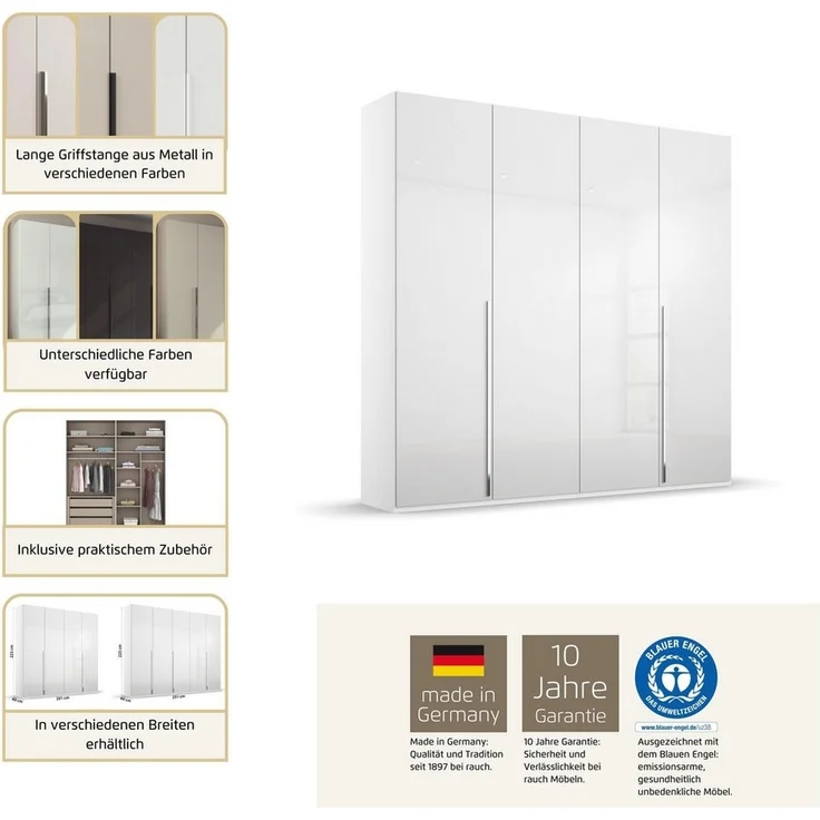 rauch Drehtürenschrank Kleiderschrank Schrank Garderobe Wäscheschrank BESTSELLER MONTCLAR (3 Ausstattungen BASIC/CLASSIC/PREMIUM (SOFT-CLOSE), Breiten 201-400 cm) Front in Glas/Hochglanz/Dekor/Grauspiegel in 5 Breiten MADE IN GERMANY – Bild 2