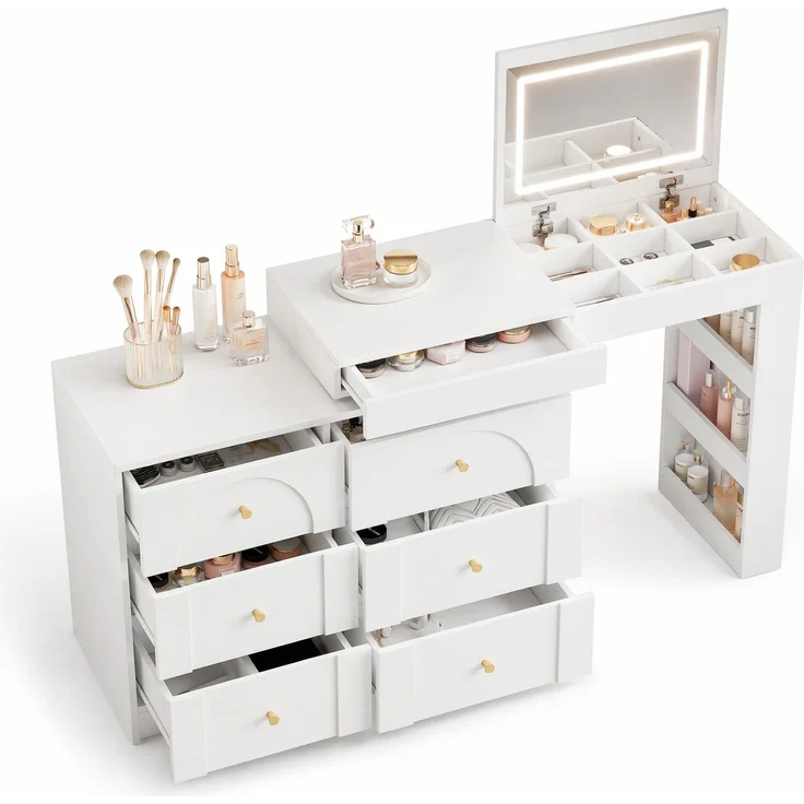CHICFURN Schminktisch 105x80x40 cm mit LED-Beleuchtung und 7 Schubladen – drehbar Weiß – Bild 7