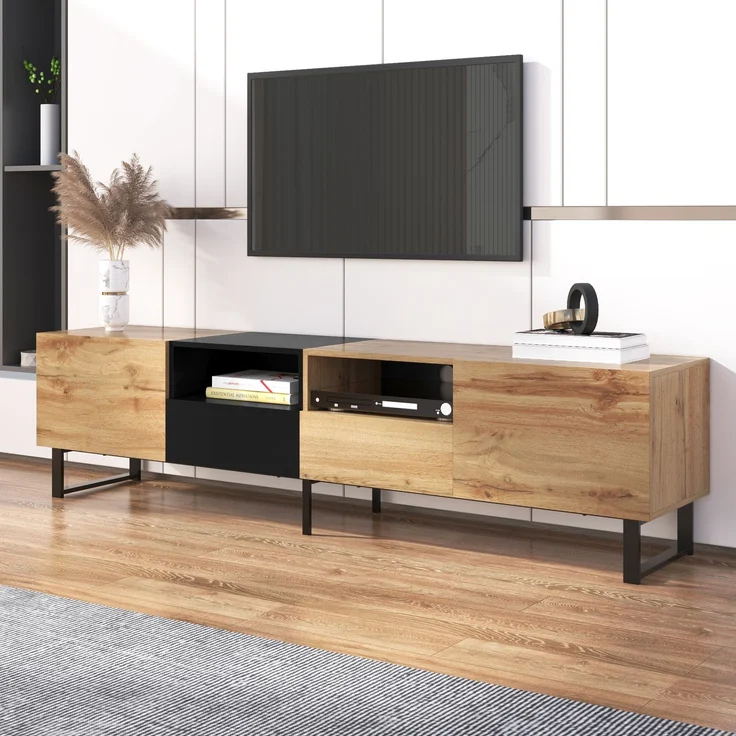 TV-Lowboard 190 cm mit Türen und Schubladen, moderner Fernsehtisch in Schwarz und Holzoptik – Bild 2