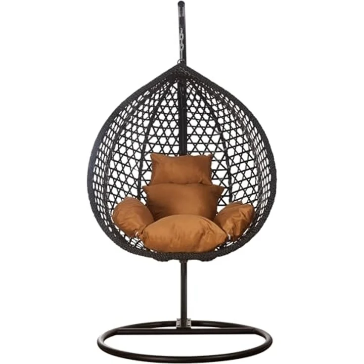 Luxus Hängesessel Style XXL Rattan Korb Gestell Schwarz mit Relaxkissen Braun – Bild 2