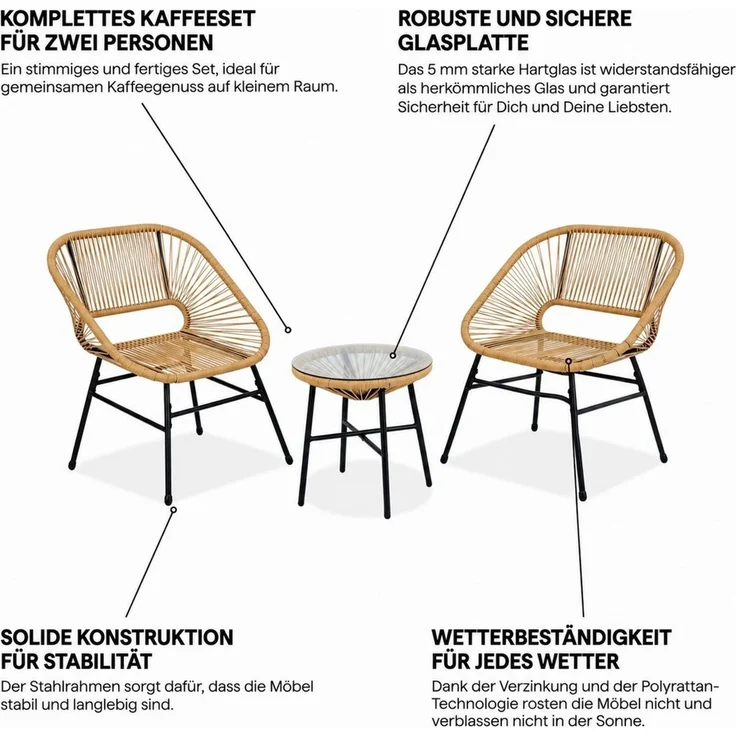 Beautysofa Gartenlounge-Set MALIKA Balkonmöbel, (Stahlgestell pulverbeschichtet, Polyrattan-Optik, 3-tlg, 2 Gartensessel + 1 Couchtisch), gehärtete Glasplatte 5 mm, wetterbeständig, stabil – Bild 4