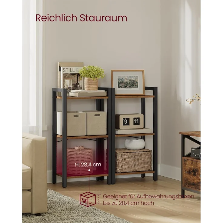 VASAGLE Regal, Bücherregal, Standregal, DVD-Regal, mit 3 Ebenen, Büroregal, offene Ablagen, für Büro, Wohnzimmer, Schlafzimmer, Küche, 24 x 40 x 76,4 cm, vintagebraun-tintenschwarz – Bild 4