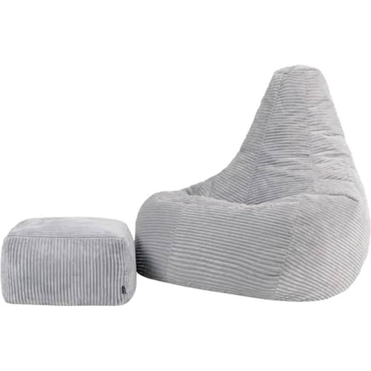 Icon Dalton XXL Sitzsack Cord mit Hocker, Grau, Gaming Sitzsack Erwachsene mit Füllung, Bean Bag, Cord Sessel, Lounge Sessel, Lounge Stuhl, Schlafzimmer, Wohnzimmer, Wohnzimmer Möbel – Bild 2