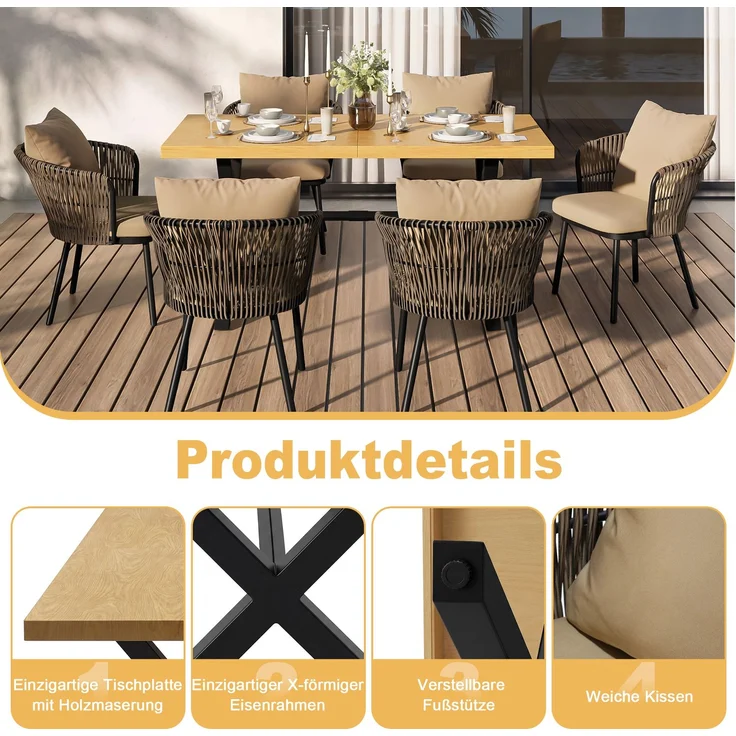 LVHOM Garten-Sitzgruppe für 6 Personen, Gartenmöbel Set inklusive Gartentisch & 6 Rattan-Sessel, Aluminium-Rahmen, Skandinavisches Design – Bild 3