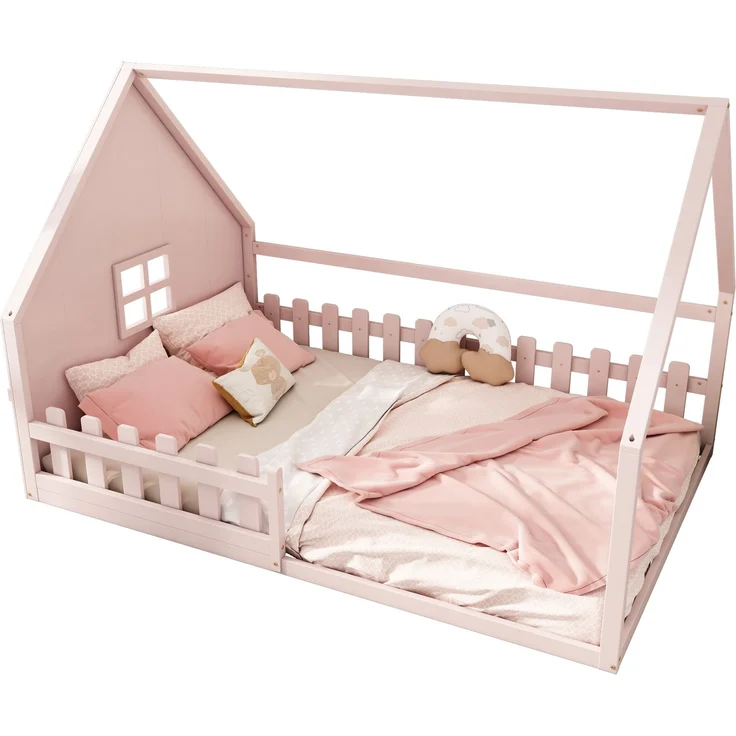 Bett 140x200 cm mit Hausleiste und Geländer aus Kiefer in Rosa – kindliches Design für kreative Schlafzimmer – Bild 6
