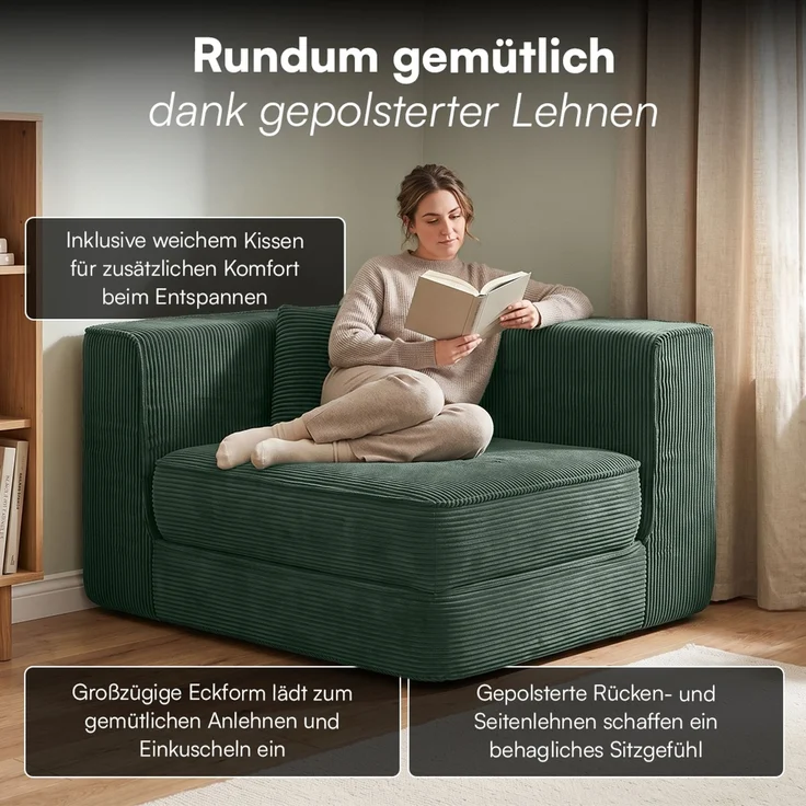 skølm 'Ránar' Ecksessel mit Liegefunktion und 1 Kissen, Sessel ausklappbar, vakuumverpackt ohne Aufbau, dunkelgrün aus Cord – Bild 8