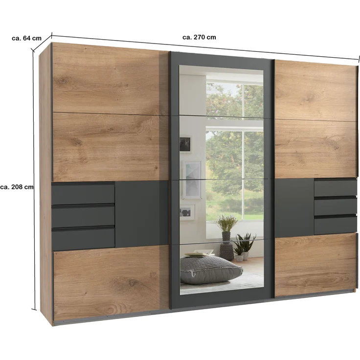 Schwebetürenschrank Kleiderschrank 270 cm Spiegel Schubladen Grafit Eiche Dekor – Bild 7