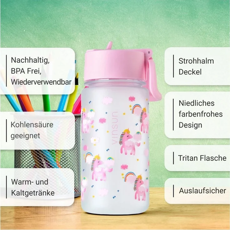 Vinsun Trinkflasche Tritan Flasche 500ml Kinder Wasserflasche mit Strohhalm auslaufsicher, BPA frei, bruchsicher, geruchs- & geschmacksneutral, geringes Gewicht – Bild 2