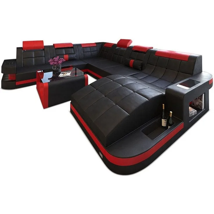 Sofa Dreams - Design Wohnlandschaft Wave XL mit LED - Büffelleder - schwarz-rot - Rechts