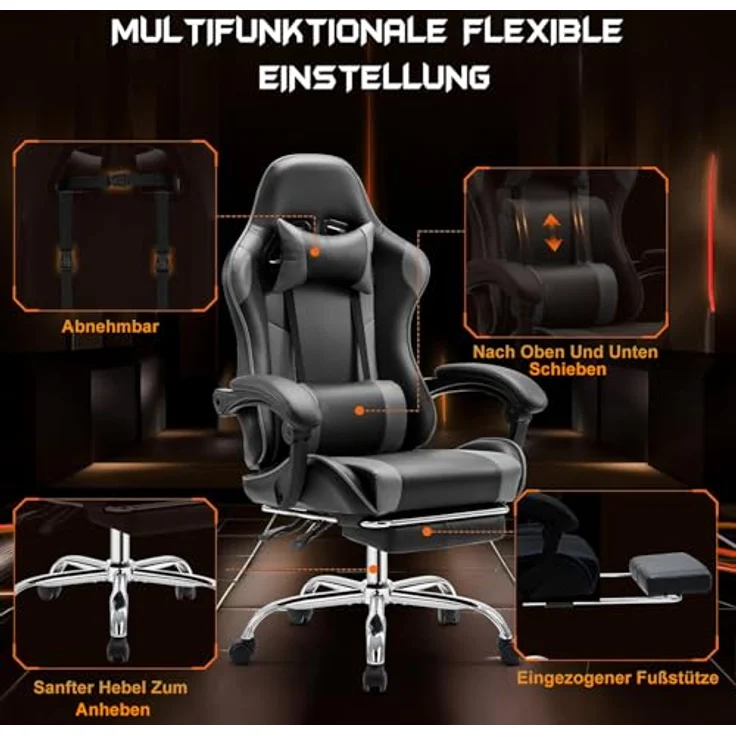 DUMOS Gaming Stuhl Ergonomischer Gaming Stuhl mit Fußstütze Atmungsaktiver PC Stuhl mit verstellbare Lendenkissen Kopfkissen und Armlehnen 150 kg Belastbarkeit Drehsessel – Bild 7