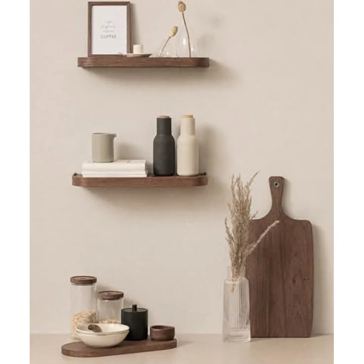 Kazai.® Wandregal-Set 'Toke' | 2 Hängeregale in Echtholz-Veneer | Schwebendes Holzregal als Wanddeko und Ablage für Bad, Wohnzimmer, Küche, Schlafzimmer und mehr | Walnuss – Bild 7