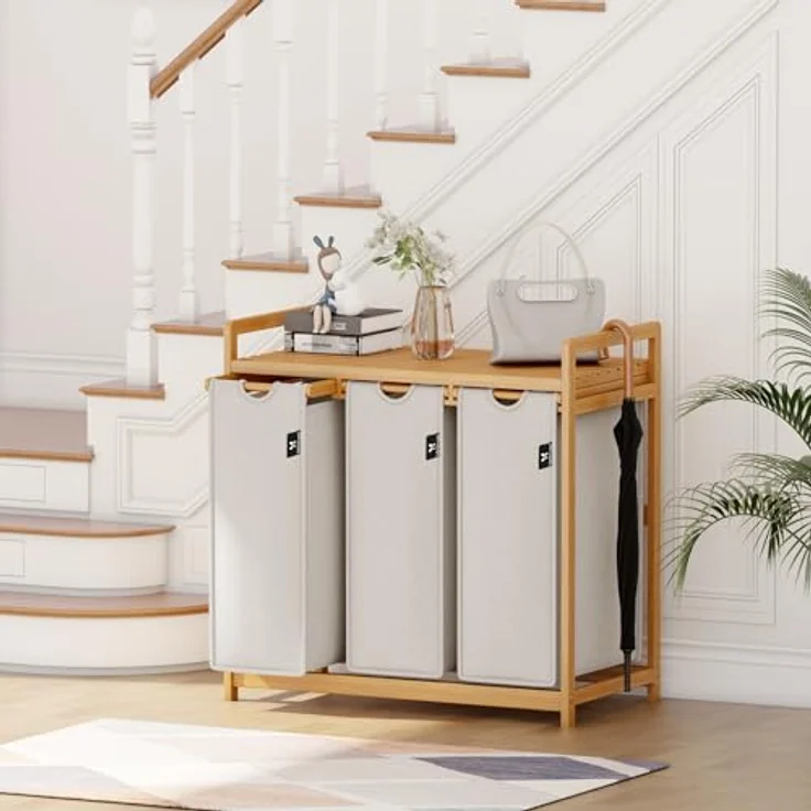 AdelDream Wäschekorb Wäschekörbe mit Bambusrahmen, 150 l, 3 Fächer – Bild 8