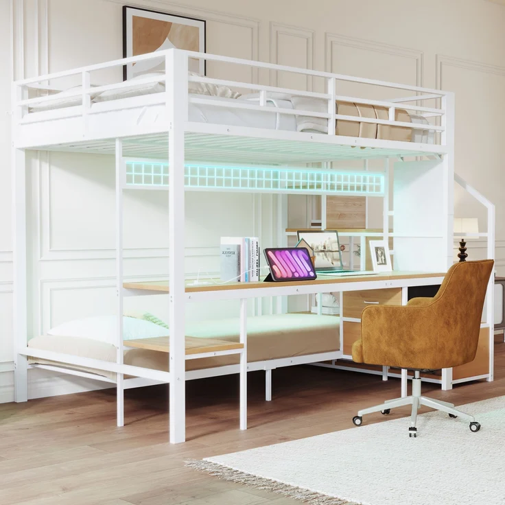 Hochbett Metall/MDF mit Schreibtisch, LED & USB-Anschluss, 247x144,5x170 cm, Weiß, ohne Matratze – Bild 4