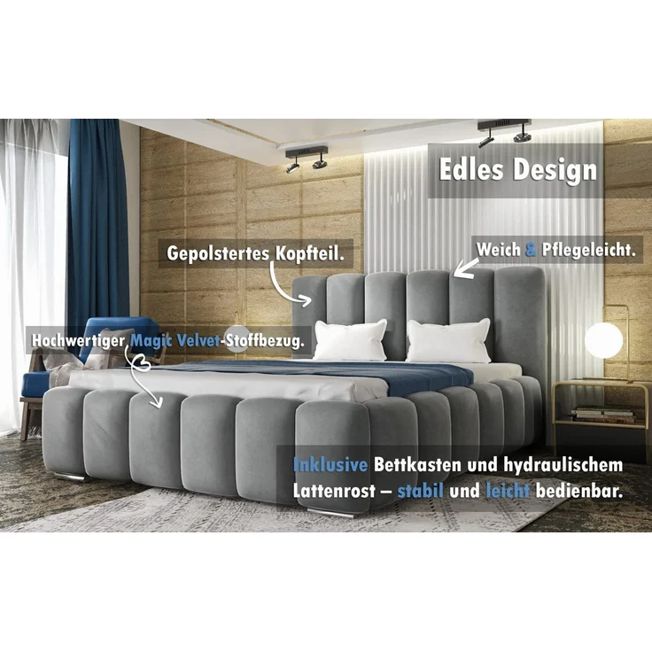 thematys Polsterbett mit Bettkasten & Lattenrost Stauraumbett 160x200cm, Samt, Grau – Bild 2