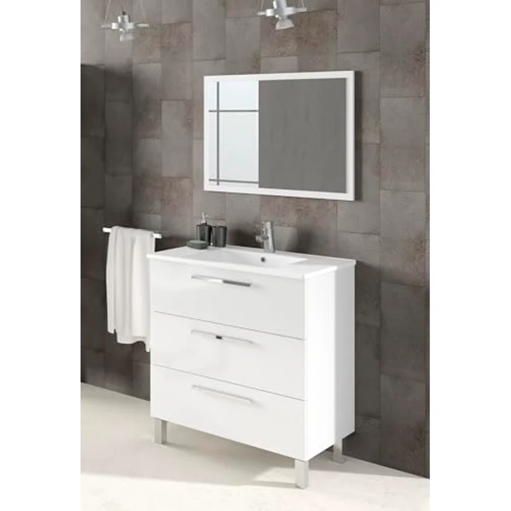 FORES HABITAT Waschbeckenunterschrank, weiß glänzend, 3 Soft-Close Schubladen, 80x86x45 cm – Bild 4
