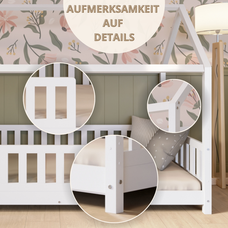 Crazy Pine 'Crazy Blanco' Hausbett mit Rausfallschutz, Skandinavisches Design, Naturholz, Weiß, 140x200 cm, mit Höhenverstellbaren Beinen – Bild 9