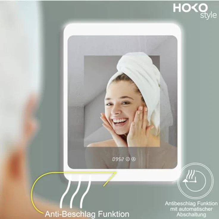 HOKO LED Badspiegel KÖLN 50x70 cm, antibeschlagfähig mit Digitaluhr und Touch-Wandschalter, Design Wandspiegel für Badezimmer – Bild 4