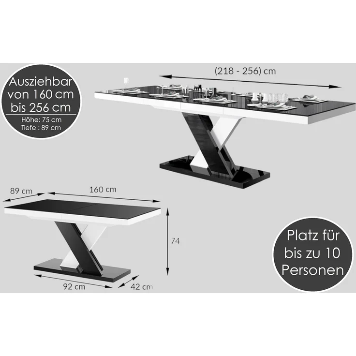 designimpex Esstisch Design Tisch HEN-111 Weiß Hochglanz ausziehbar 160 bis 256 cm – Bild 2