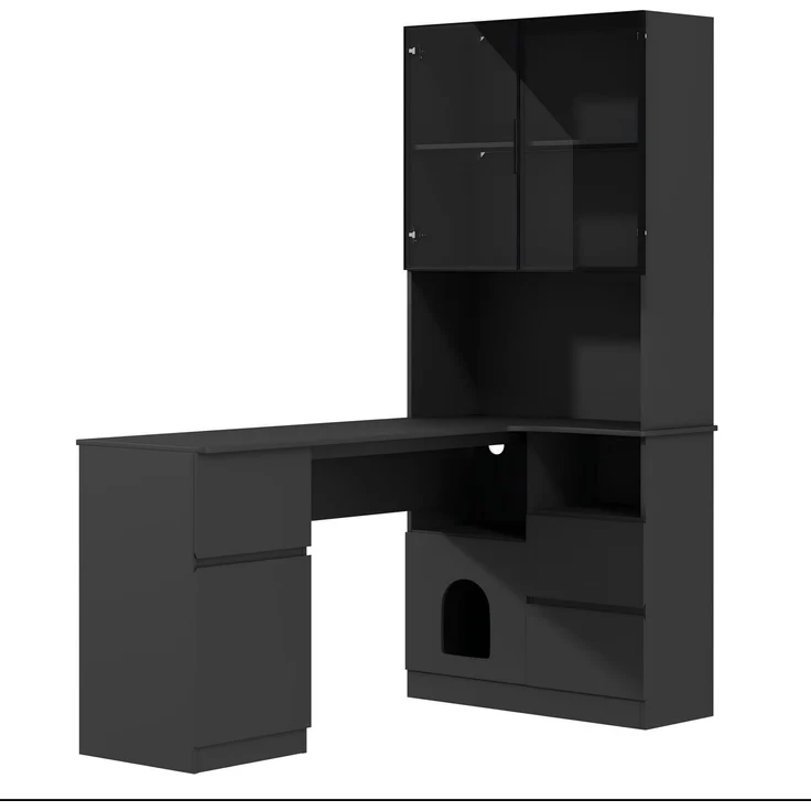 ZUBALIYA Eckschreibtisch mit Regal und LED-Vitrinenschrank 120×80×180 cm – Schreibtisch mit Kabeldurchlass, 3 Schubladen, 2 Türen, offenen Fächern,Ein Eckschreibtisch mit eingebautem Bücherregal,Schwarz – Bild 9