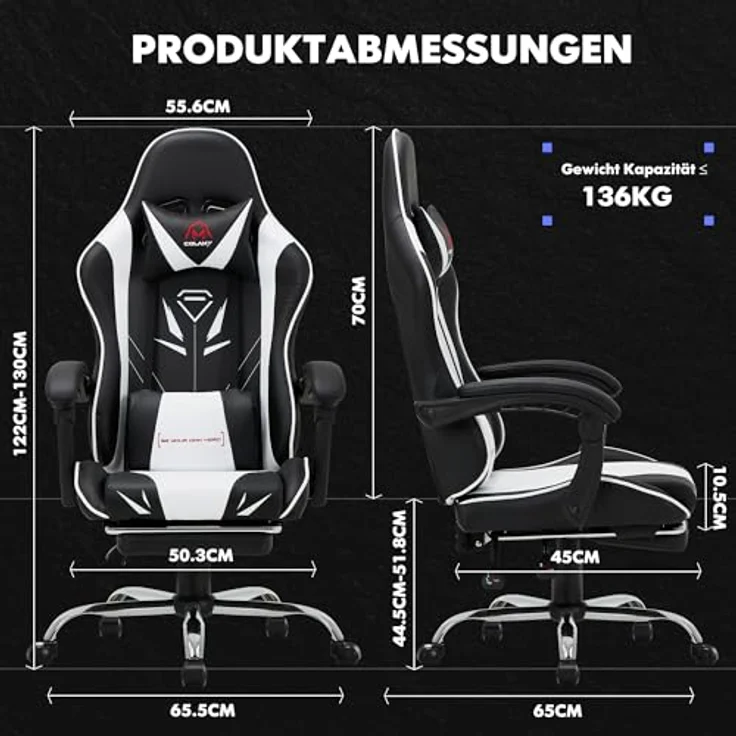 COLAMY Gaming Stuhl, Computer Stuhl mit Fußstütze und Lendenwirbelstütze, höhenverstellbarer Gaming Chair mit 360°-Drehsitz und Kopfstütze, Video Gamer PC Stuhl, Ergonomische hohe Rückenlehne, Weiß – Bild 4
