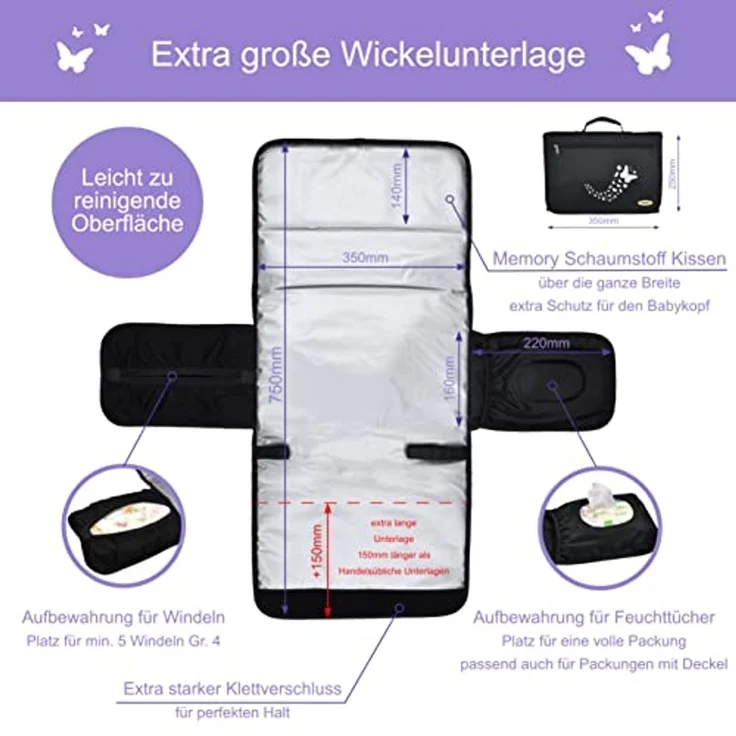 PUNALU Wickelauflage Große Wickelunterlage für unterwegs inkl. 2 Kinderwagenhaken, Hochwertige Materialien – Bild 4