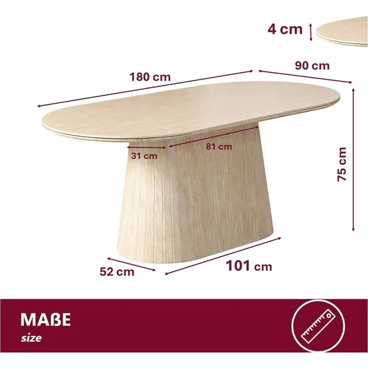 HOOZ Wohnzimmertisch Esstisch oval modern Säulenfuß Keramikplatte 180x90 cm Travertin-Optik (Einzelprodukt, 1× Esstisch), Keramik-Tischplatte, verschiedene Varianten, pflegeleicht & stabil – Bild 4