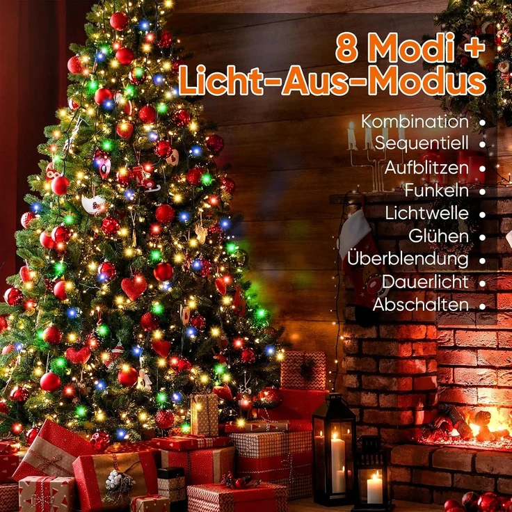 SALCAR 1,5m Weihnachtsbaum Lichterkette mit Ring und 8 Girlanden, 200er LED Christbaumbeleuchtung für 90cm bis 150cm Tannenbaum, Bunt – Bild 2