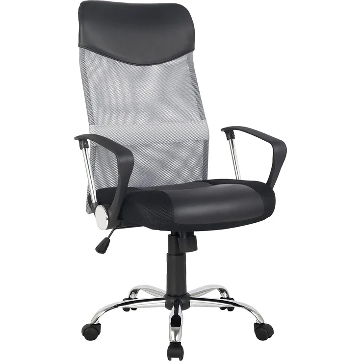 SixBros. Bürostuhl, Schreibtischstuhl mit hoher Rückenlehne, Drehstuhl für’s Büro oder Home-Office, stufenlos höhenverstellbar & Metalldrehkreuz, Chefsessel aus Mesh Netzstoff und Kunstleder, Grau/Schwarz H-935-6/2061