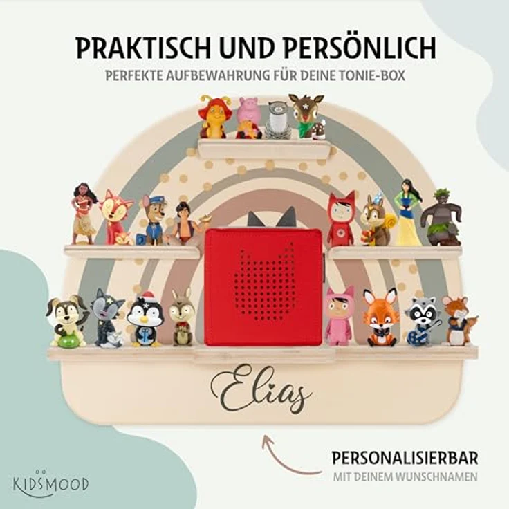 KIDSMOOD - Personalisiertes Tonie Regal für Kinderzimmer | Regenbogen Wand-Regal mit genügend Platz für Tonie-Hör-Figuren, Aussparung für Tonie-Musikbox & Kabelmanagement, Tonie Regal Mädchen & Jungen – Bild 7